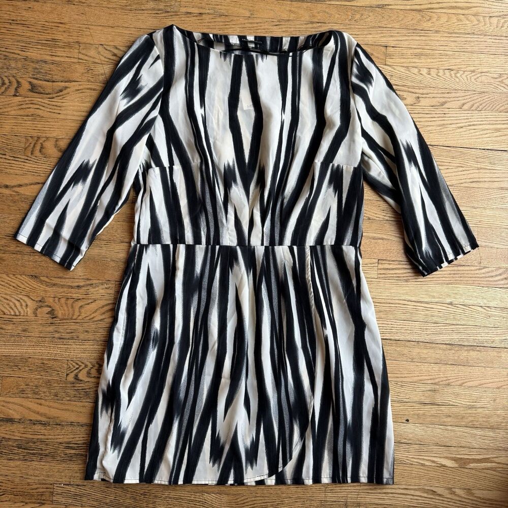 MNG Mango Faux Wrap Shirt Dress Womens Large Black Cream Office Career Modern